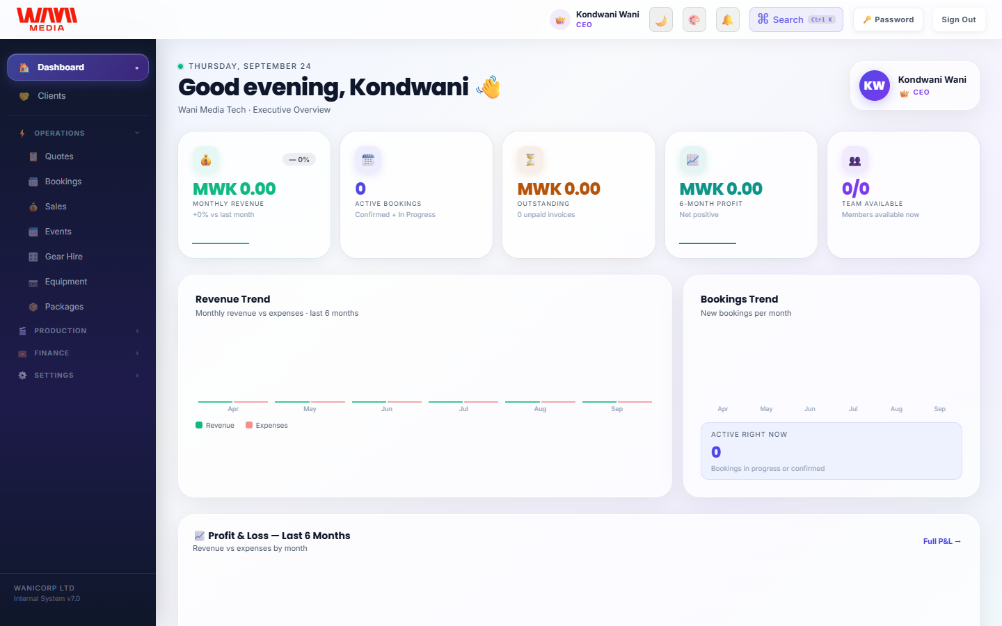 Wani Media Operations System admin preview